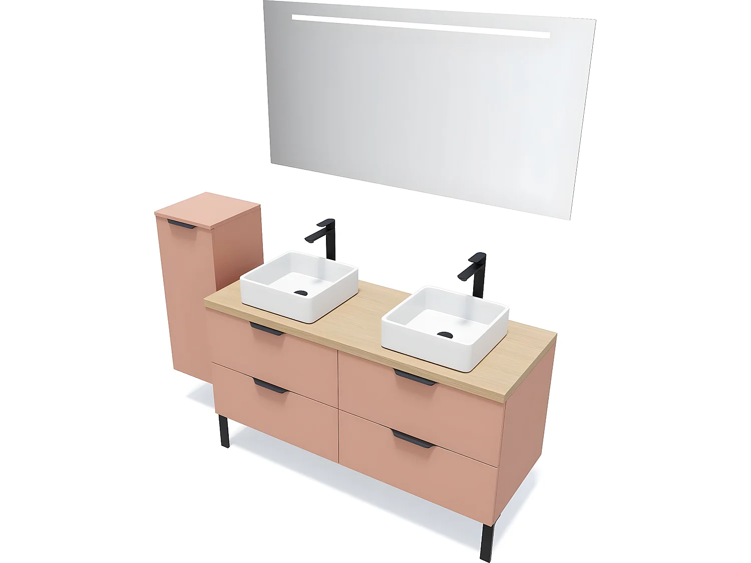 Meuble de salle de bain suspendu 2 vasques à poser 140cm 4 tiroirs Abricot + miroir + colonne ouverture gauche - Soho