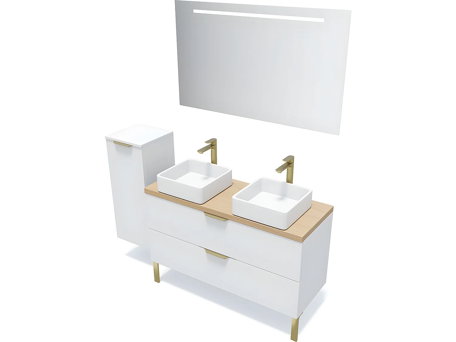 Meuble de salle de bain suspendu 2 vasques à poser 120cm 2 tiroirs Blanc + miroir + colonne ouverture gauche - Venice