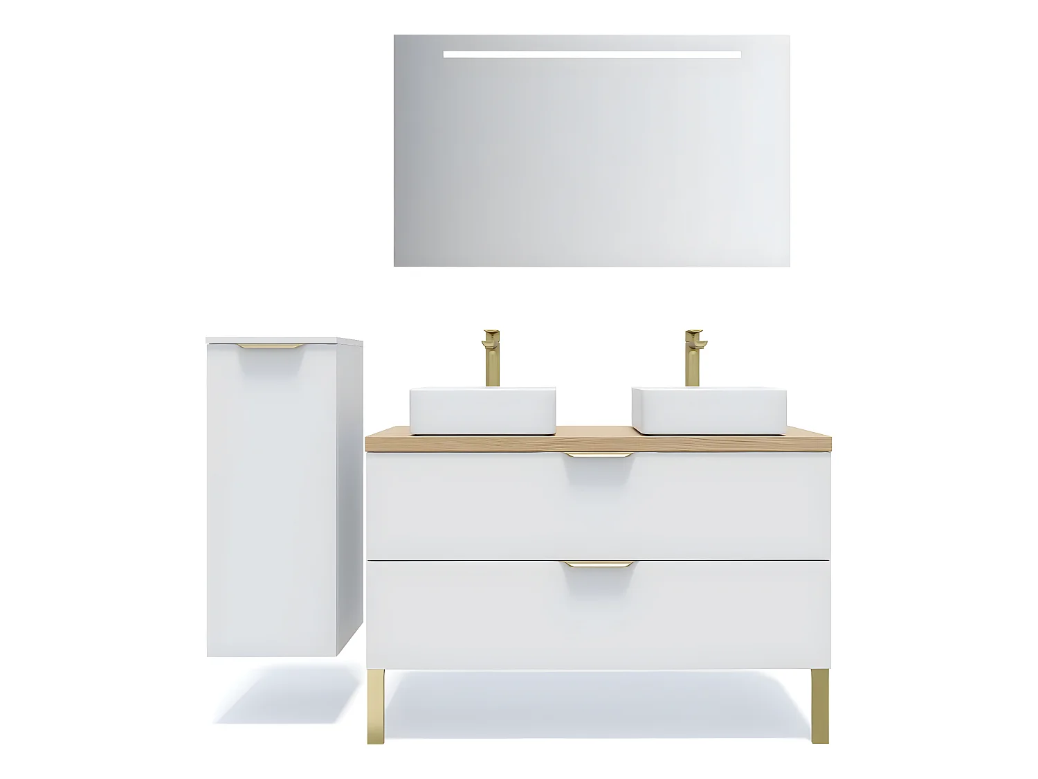 Meuble de salle de bain suspendu 2 vasques à poser 120cm 2 tiroirs Blanc + miroir + colonne ouverture gauche - Venice