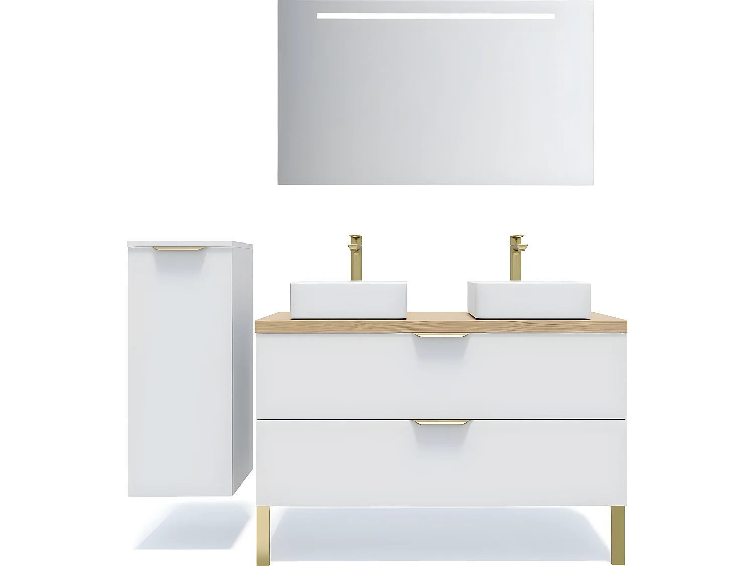 Meuble de salle de bain suspendu 2 vasques à poser 120cm 2 tiroirs Blanc + miroir + colonne ouverture gauche - Venice