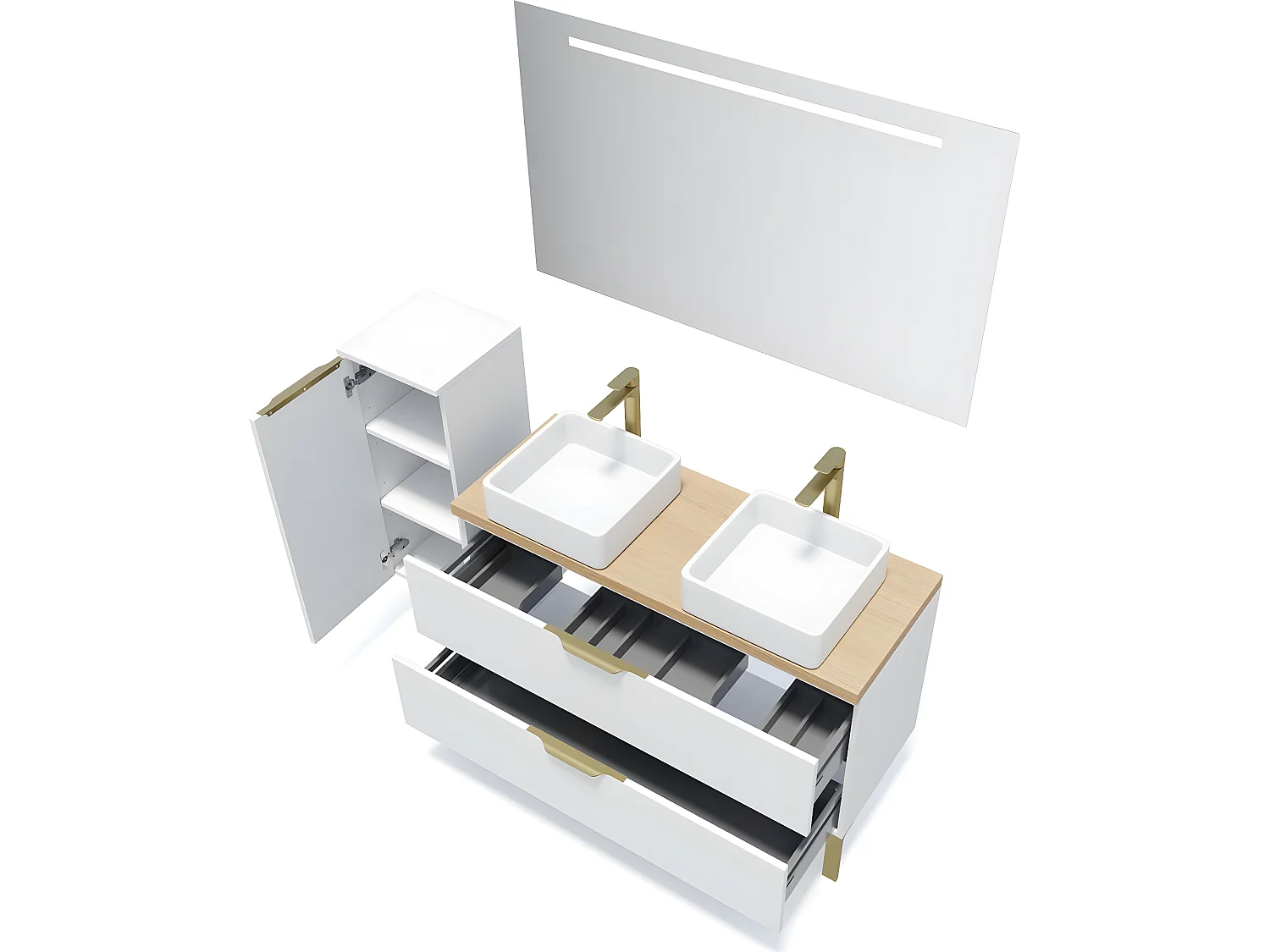 Meuble de salle de bain suspendu 2 vasques à poser 120cm 2 tiroirs Blanc + miroir + colonne ouverture gauche - Venice