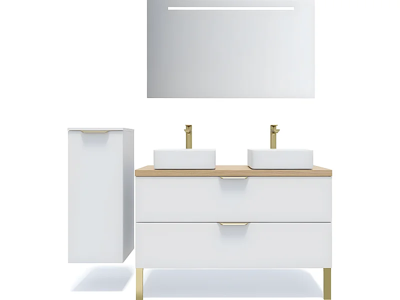 Meuble de salle de bain suspendu 2 vasques à poser 120cm 2 tiroirs Blanc + miroir + colonne ouverture gauche - Venice