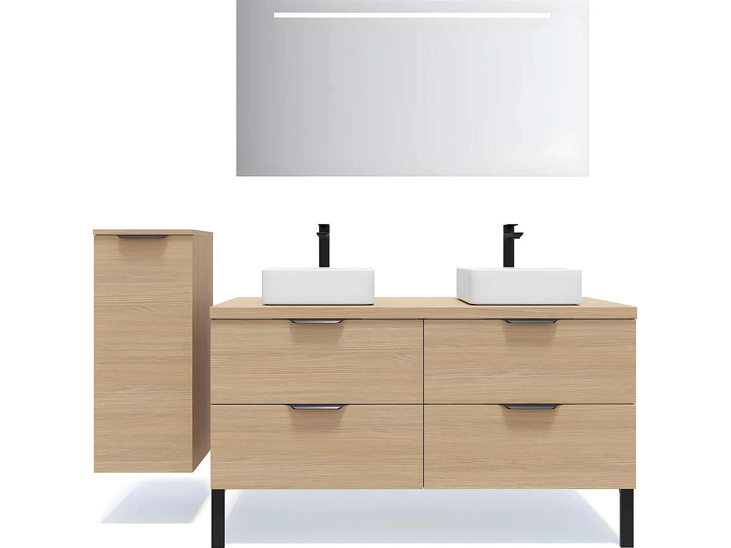 Meuble de salle de bain suspendu 2 vasques à poser 140cm 4 tiroirs Chêne clair + miroir + colonne ouverture gauche - Soho