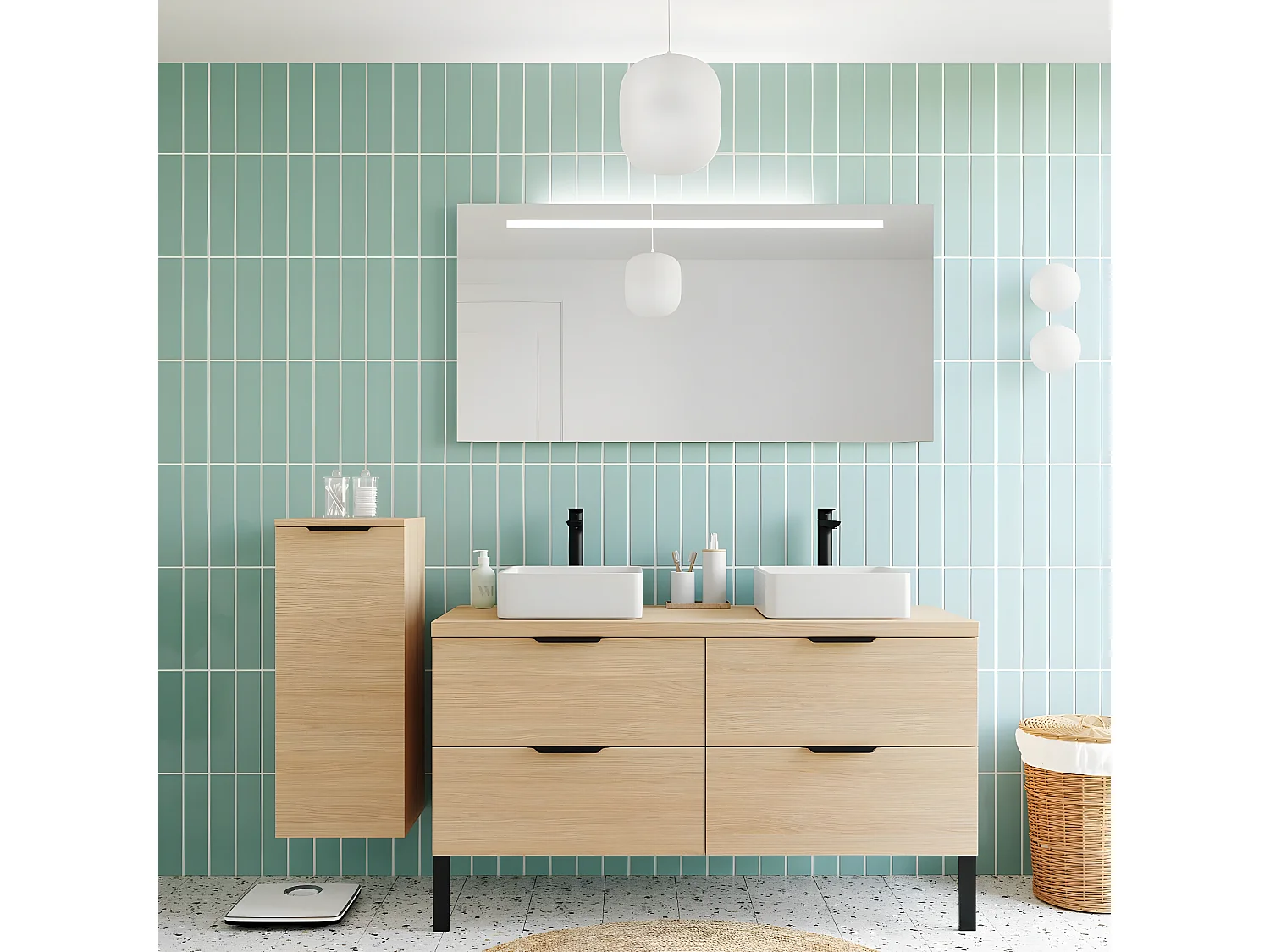 Meuble de salle de bain suspendu 2 vasques à poser 140cm 4 tiroirs Chêne clair + miroir + colonne ouverture gauche - Soho