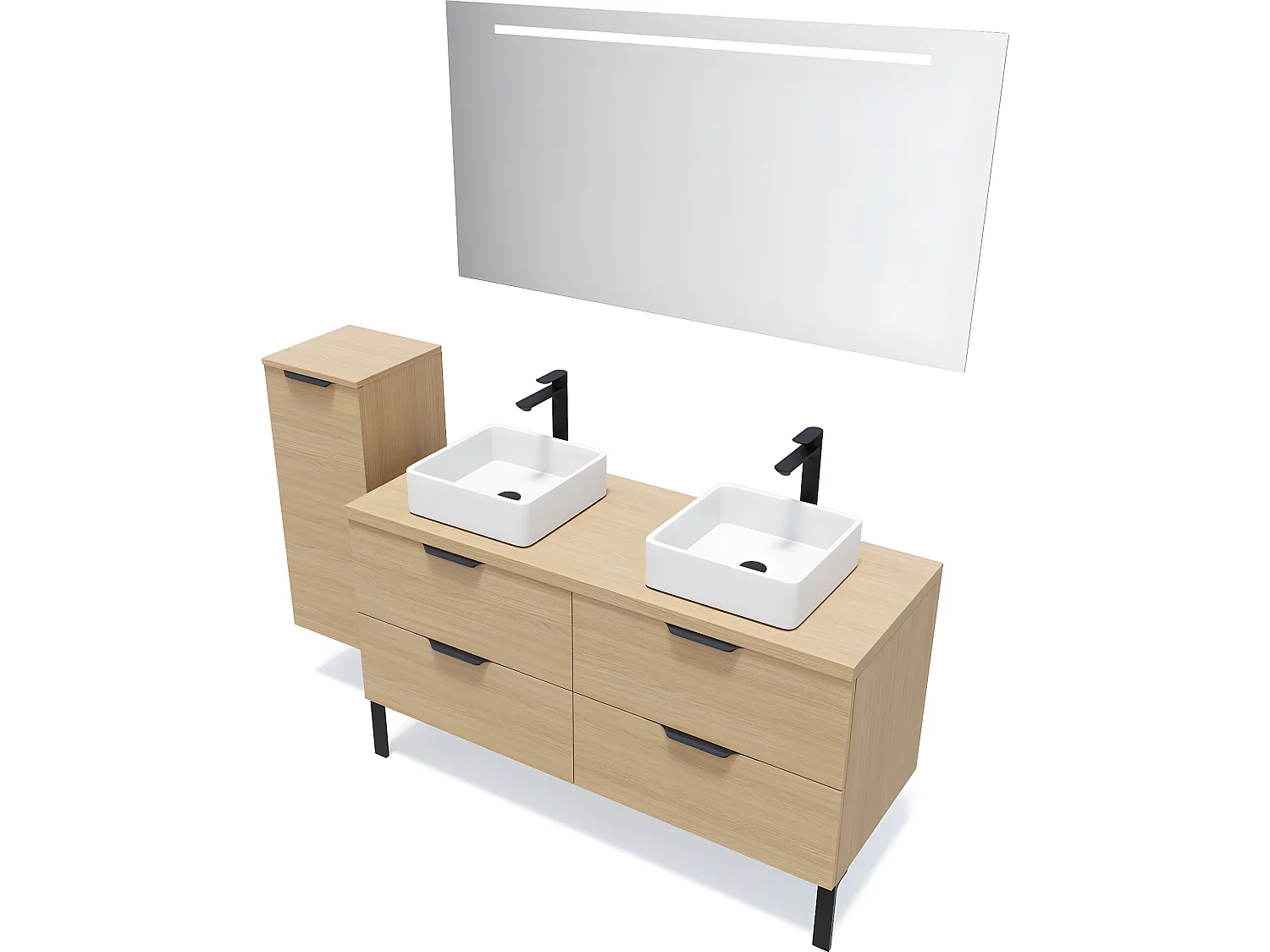 Meuble de salle de bain suspendu 2 vasques à poser 140cm 4 tiroirs Chêne clair + miroir + colonne ouverture gauche - Soho