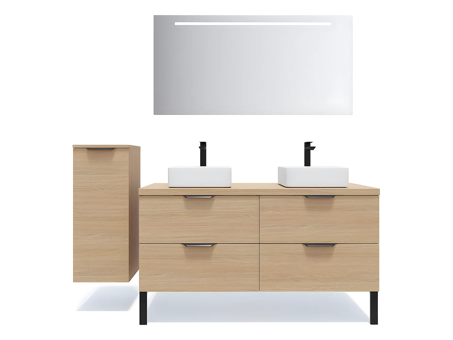 Meuble de salle de bain suspendu 2 vasques à poser 140cm 4 tiroirs Chêne clair + miroir + colonne ouverture gauche - Soho