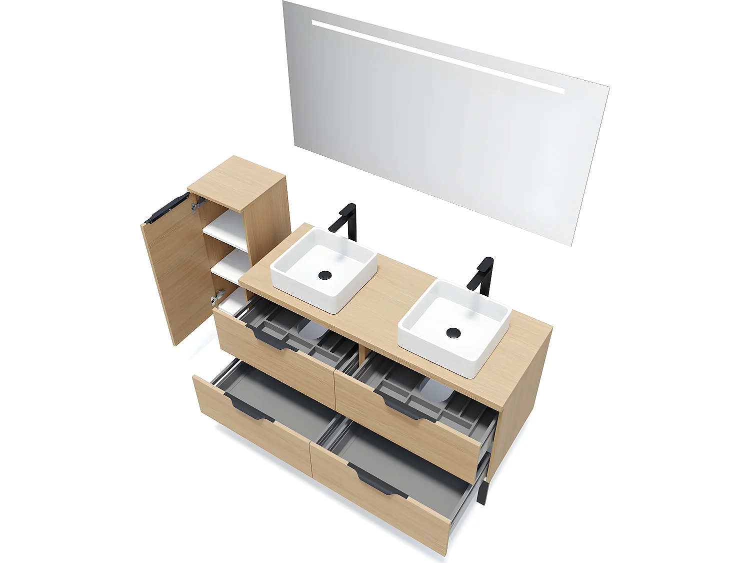 Meuble de salle de bain suspendu 2 vasques à poser 140cm 4 tiroirs Chêne clair + miroir + colonne ouverture gauche - Soho