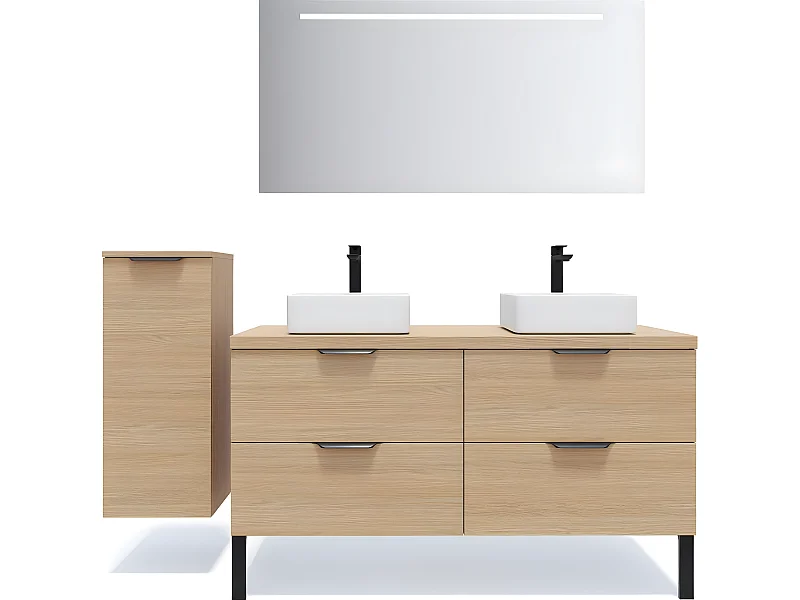 Meuble de salle de bain suspendu 2 vasques à poser 140cm 4 tiroirs Chêne clair + miroir + colonne ouverture gauche - Soho