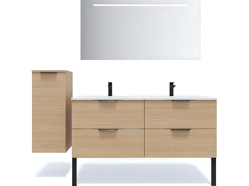 Meuble de salle de bain suspendu double vasque intégrée 140cm 4 tiroirs Chêne clair + miroir + colonne ouverture gauche - Soho