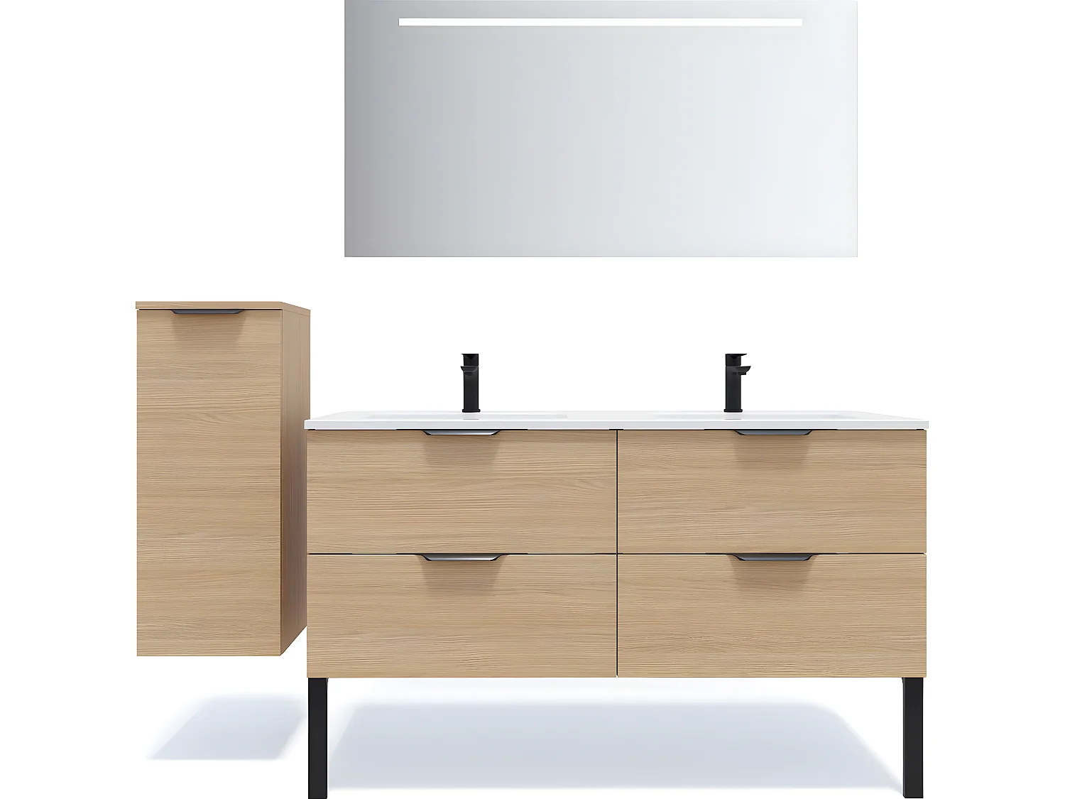 Meuble de salle de bain suspendu double vasque intégrée 140cm 4 tiroirs Chêne clair + miroir + colonne ouverture gauche - Soho