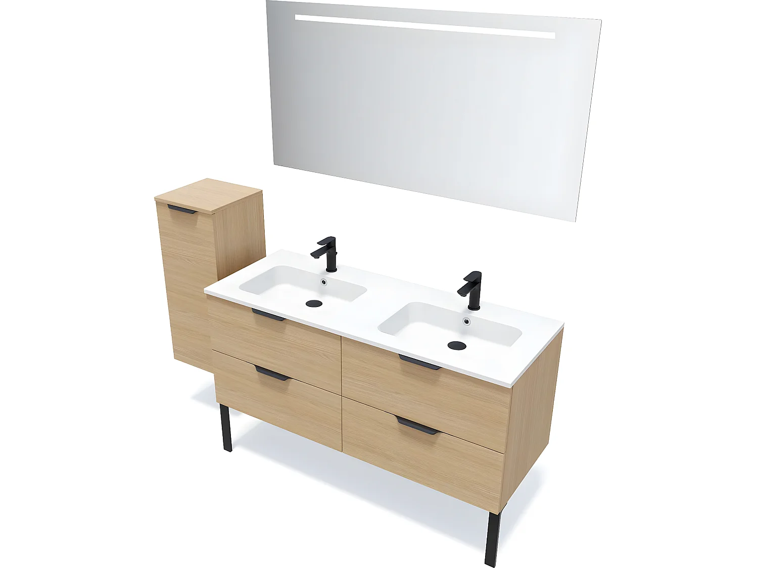 Meuble de salle de bain suspendu double vasque intégrée 140cm 4 tiroirs Chêne clair + miroir + colonne ouverture gauche - Soho