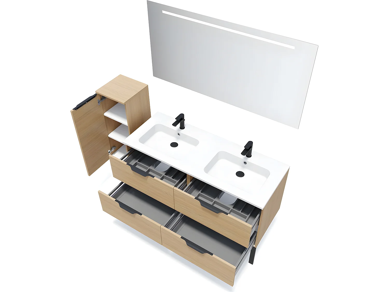Meuble de salle de bain suspendu double vasque intégrée 140cm 4 tiroirs Chêne clair + miroir + colonne ouverture gauche - Soho