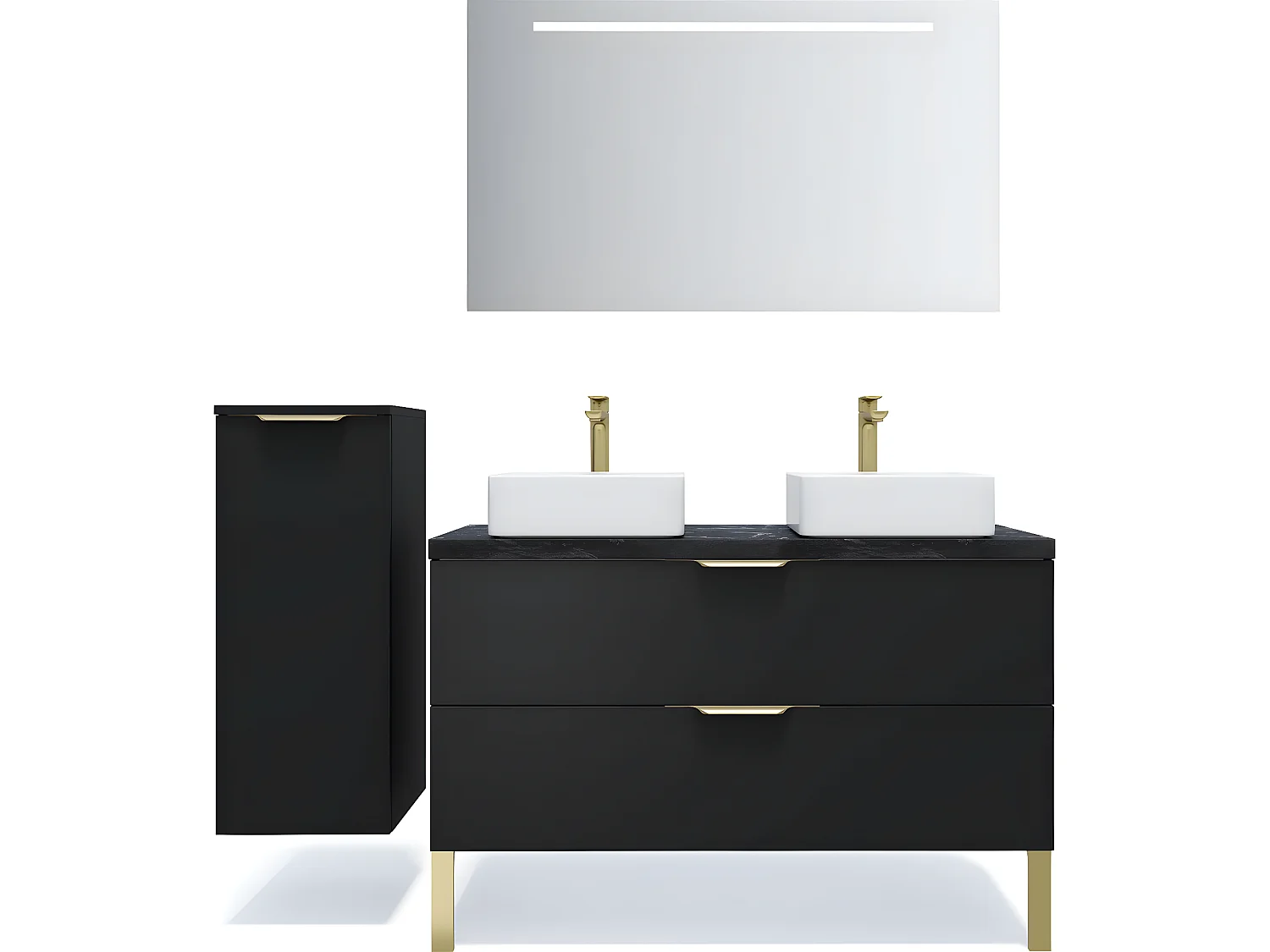 Meuble de salle de bain suspendu 2 vasques à poser 120cm 2 tiroirs Noir + miroir + colonne ouverture gauche - Venice