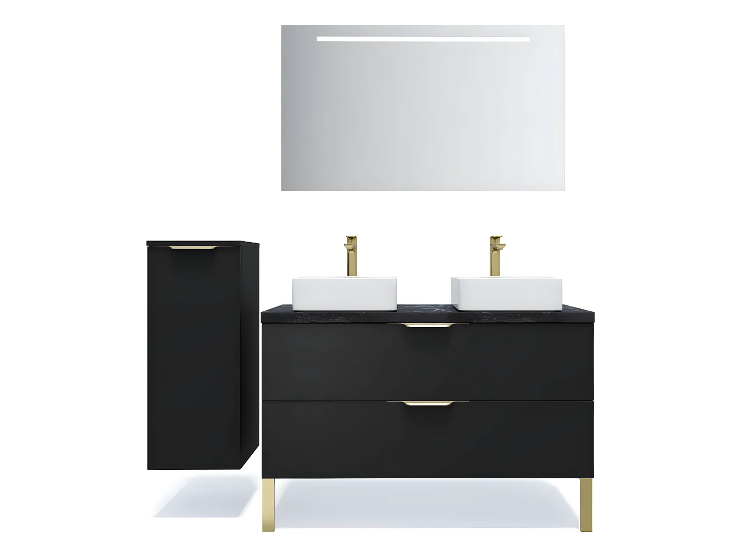 Meuble de salle de bain suspendu 2 vasques à poser 120cm 2 tiroirs Noir + miroir + colonne ouverture gauche - Venice