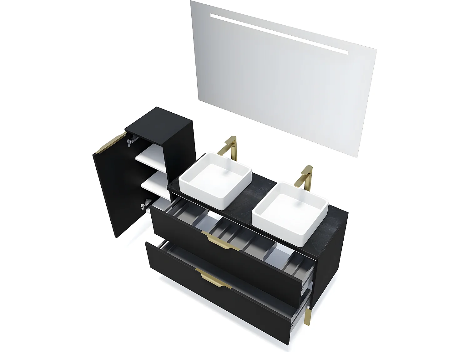 Meuble de salle de bain suspendu 2 vasques à poser 120cm 2 tiroirs Noir + miroir + colonne ouverture gauche - Venice