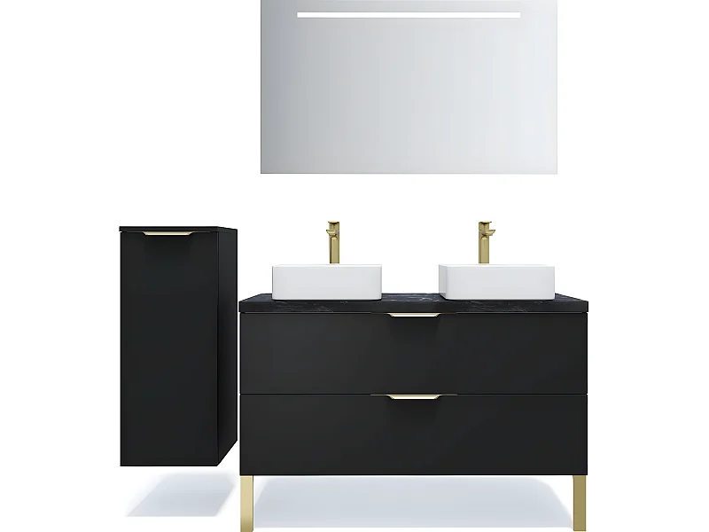 Meuble de salle de bain suspendu 2 vasques à poser 120cm 2 tiroirs Noir + miroir + colonne ouverture gauche - Venice