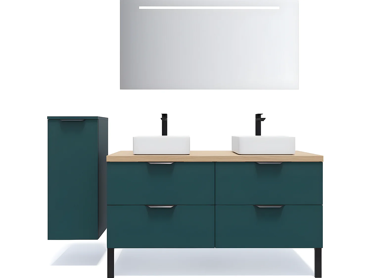 Meuble de salle de bain suspendu 2 vasques à poser 140cm 4 tiroirs Bleu + miroir + colonne ouverture gauche - Soho