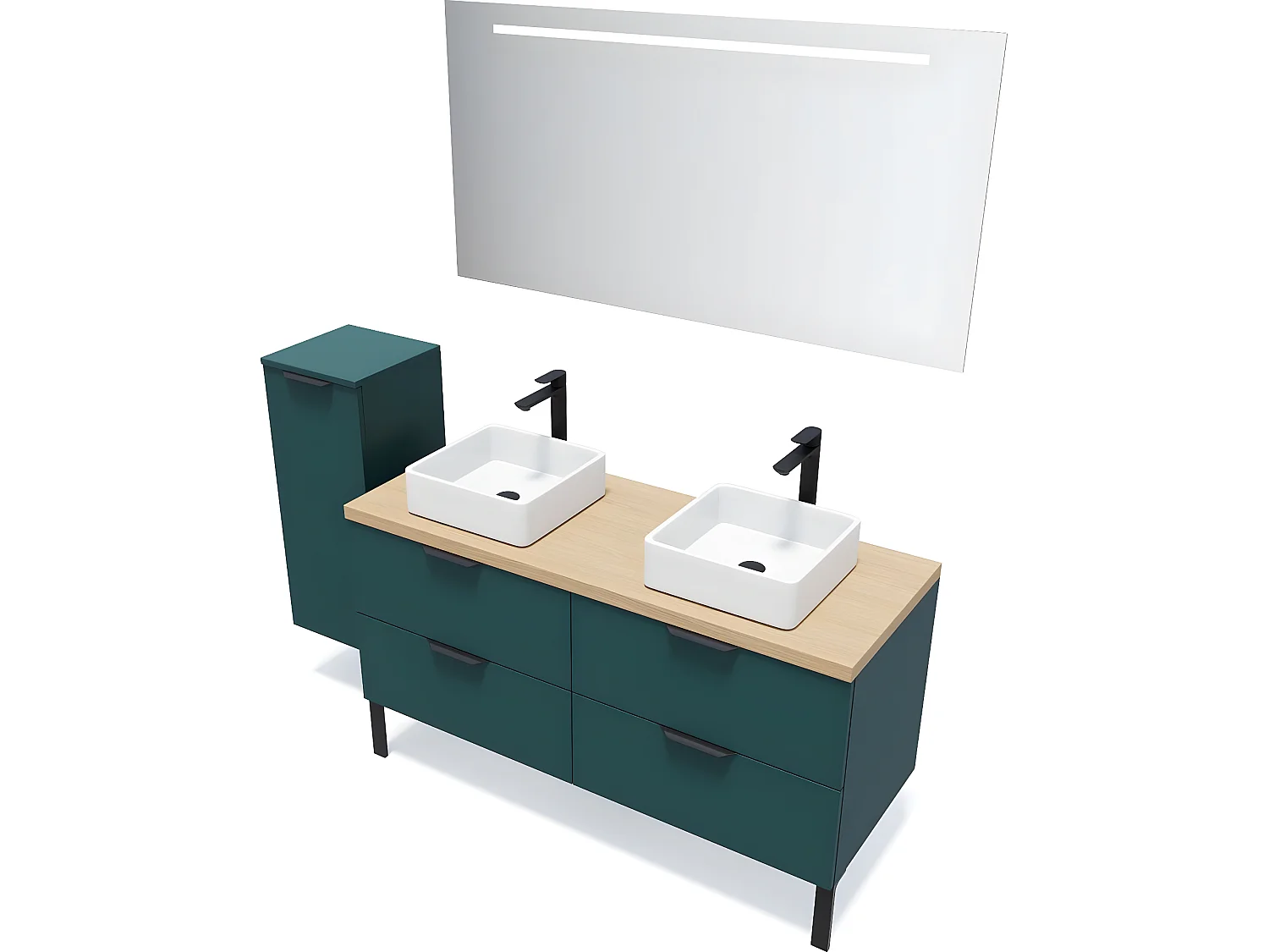 Meuble de salle de bain suspendu 2 vasques à poser 140cm 4 tiroirs Bleu + miroir + colonne ouverture gauche - Soho