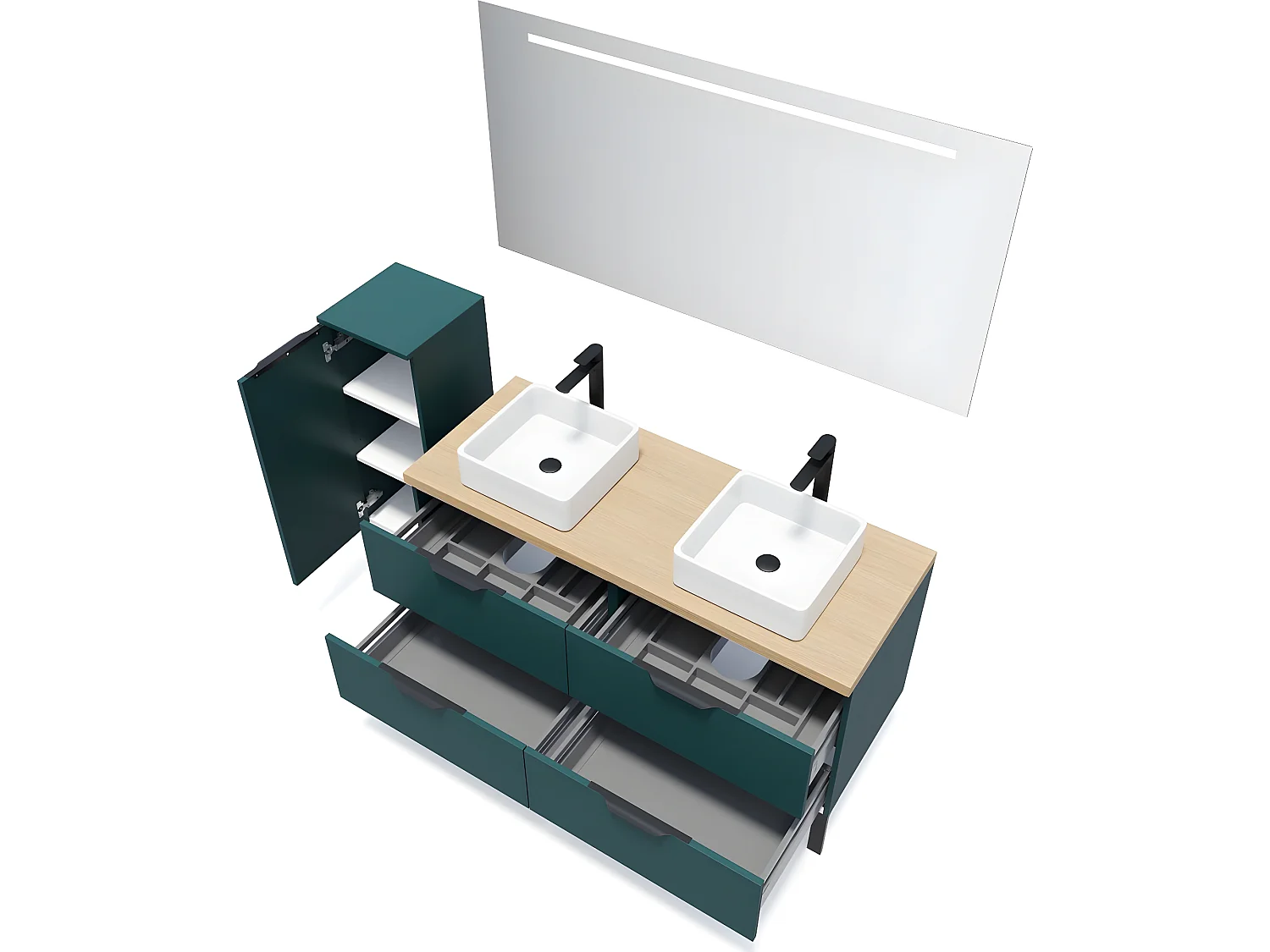 Meuble de salle de bain suspendu 2 vasques à poser 140cm 4 tiroirs Bleu + miroir + colonne ouverture gauche - Soho