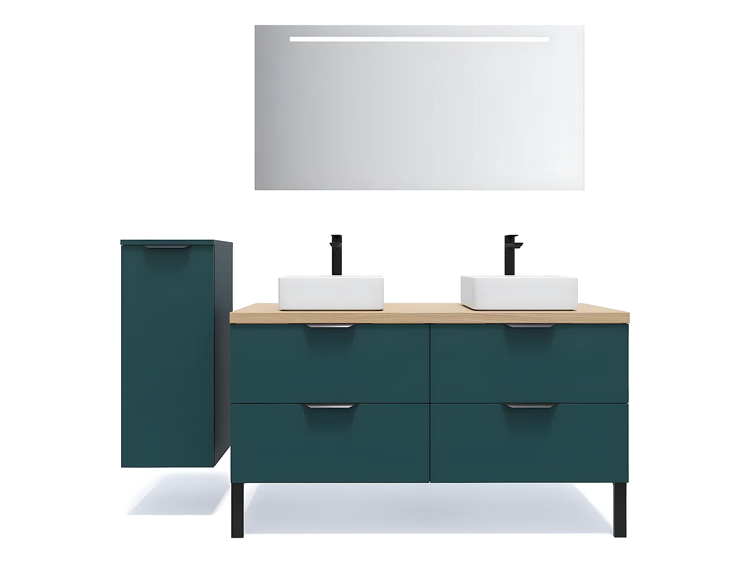 Meuble de salle de bain suspendu 2 vasques à poser 140cm 4 tiroirs Bleu + miroir + colonne ouverture gauche - Soho