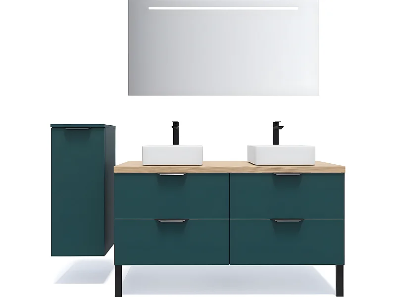 Meuble de salle de bain suspendu 2 vasques à poser 140cm 4 tiroirs Bleu + miroir + colonne ouverture gauche - Soho