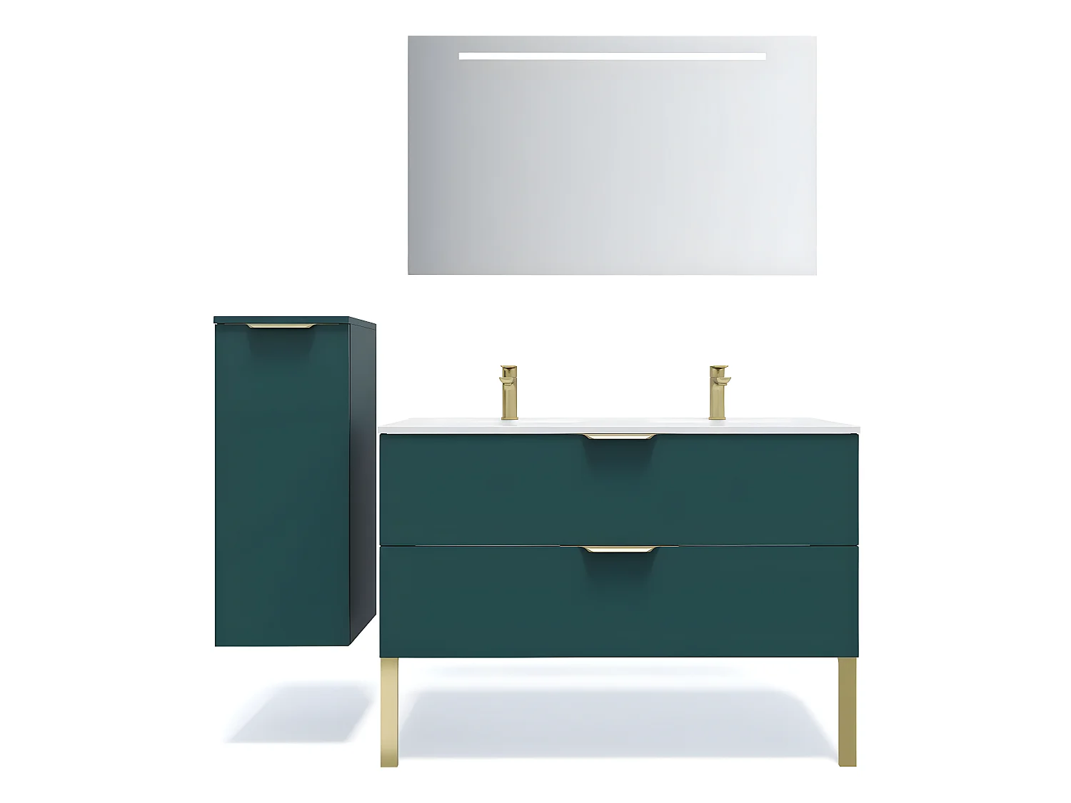 Meuble de salle de bain suspendu double vasque intégrée 120cm 2 tiroirs Bleu + miroir + colonne ouverture gauche - Venice