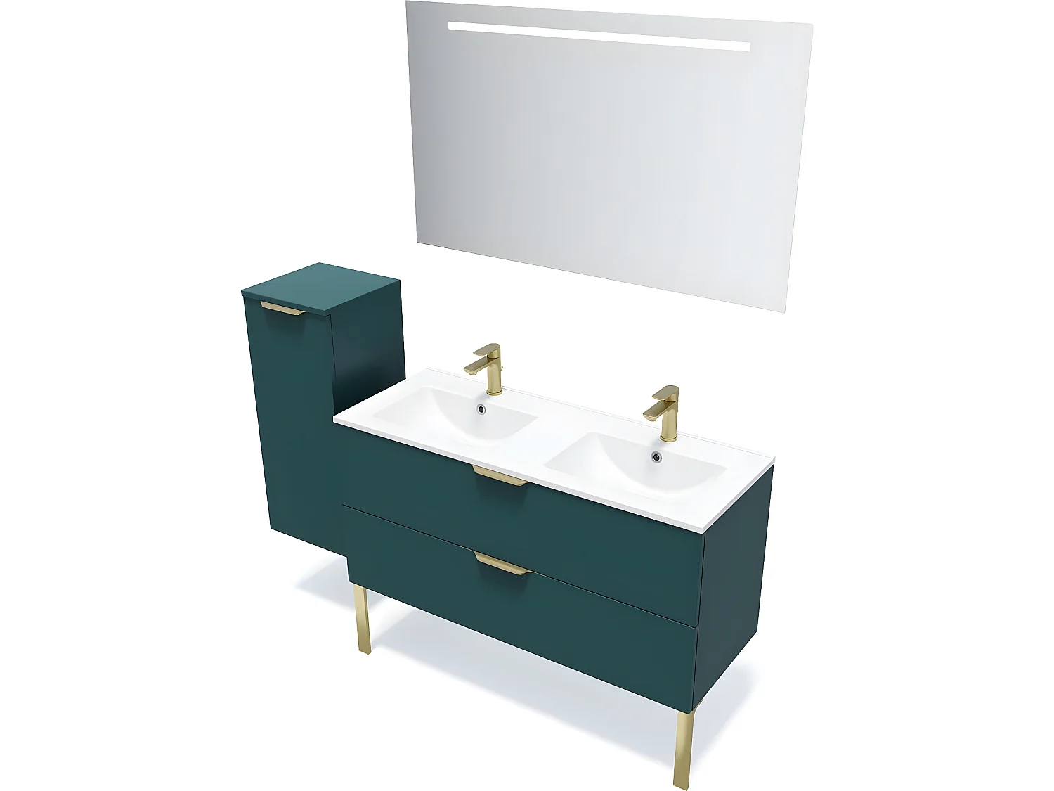 Meuble de salle de bain suspendu double vasque intégrée 120cm 2 tiroirs Bleu + miroir + colonne ouverture gauche - Venice
