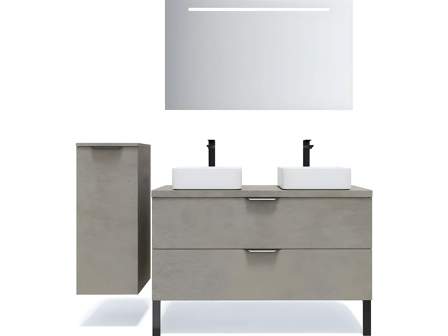 Meuble de salle de bain suspendu 2 vasques à poser 120cm 2 tiroirs façon Béton + miroir + colonne ouverture gauche - Venice