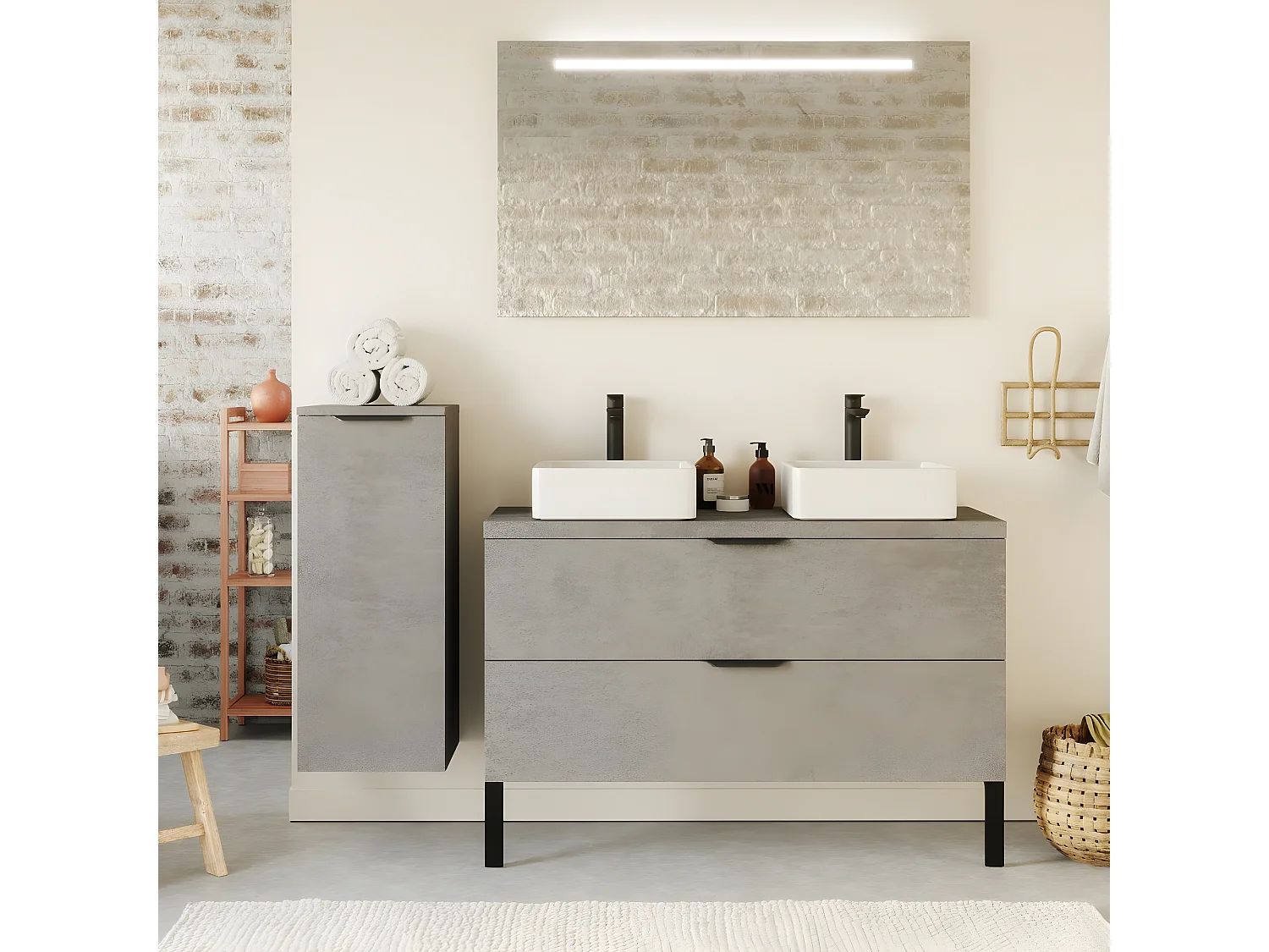 Meuble de salle de bain suspendu 2 vasques à poser 120cm 2 tiroirs façon Béton + miroir + colonne ouverture gauche - Venice