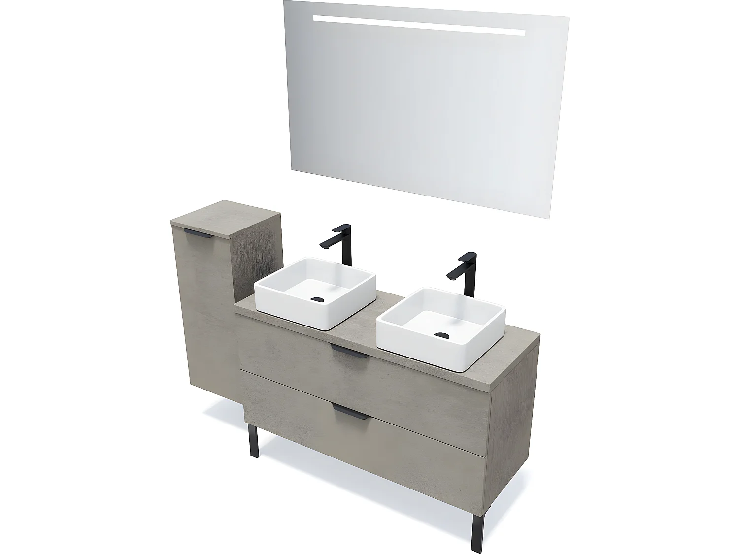 Meuble de salle de bain suspendu 2 vasques à poser 120cm 2 tiroirs façon Béton + miroir + colonne ouverture gauche - Venice