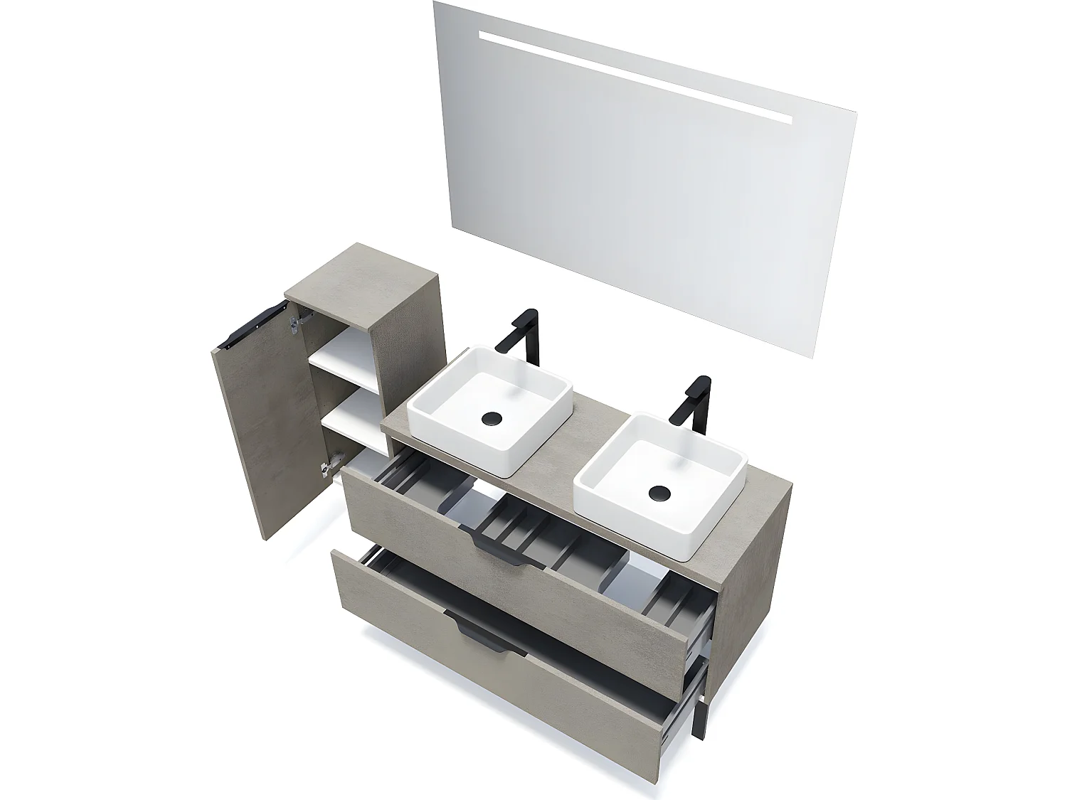 Meuble de salle de bain suspendu 2 vasques à poser 120cm 2 tiroirs façon Béton + miroir + colonne ouverture gauche - Venice