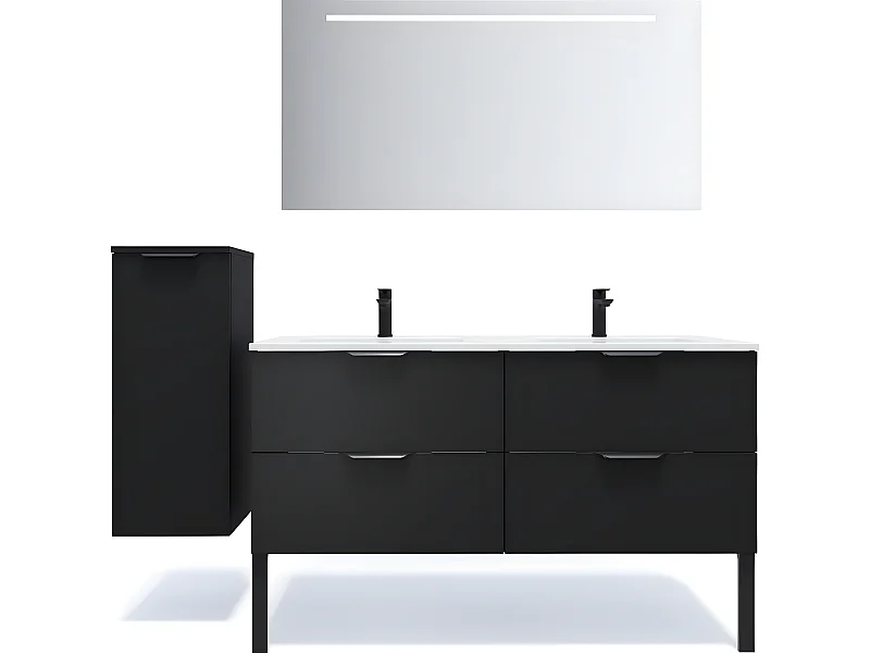 Meuble de salle de bain suspendu double vasque intégrée 140cm 4 tiroirs Noir + miroir + colonne ouverture gauche - Soho
