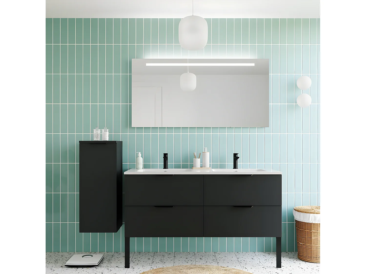 Meuble de salle de bain suspendu double vasque intégrée 140cm 4 tiroirs Noir + miroir + colonne ouverture gauche - Soho
