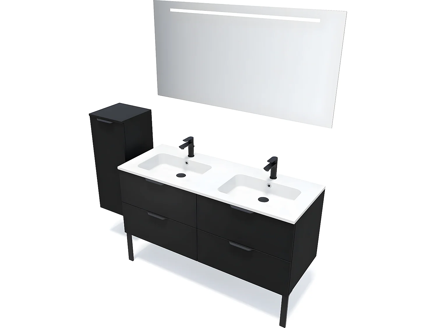 Meuble de salle de bain suspendu double vasque intégrée 140cm 4 tiroirs Noir + miroir + colonne ouverture gauche - Soho