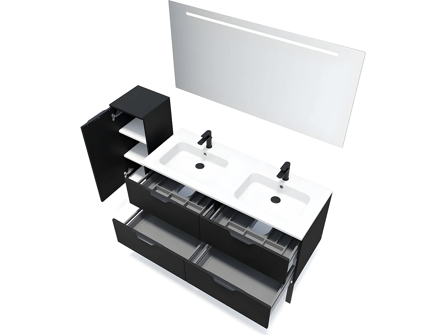 Meuble de salle de bain suspendu double vasque intégrée 140cm 4 tiroirs Noir + miroir + colonne ouverture gauche - Soho