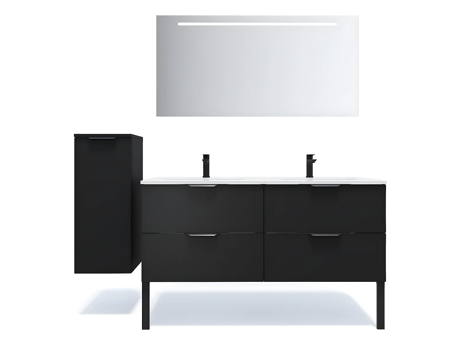 Meuble de salle de bain suspendu double vasque intégrée 140cm 4 tiroirs Noir + miroir + colonne ouverture gauche - Soho
