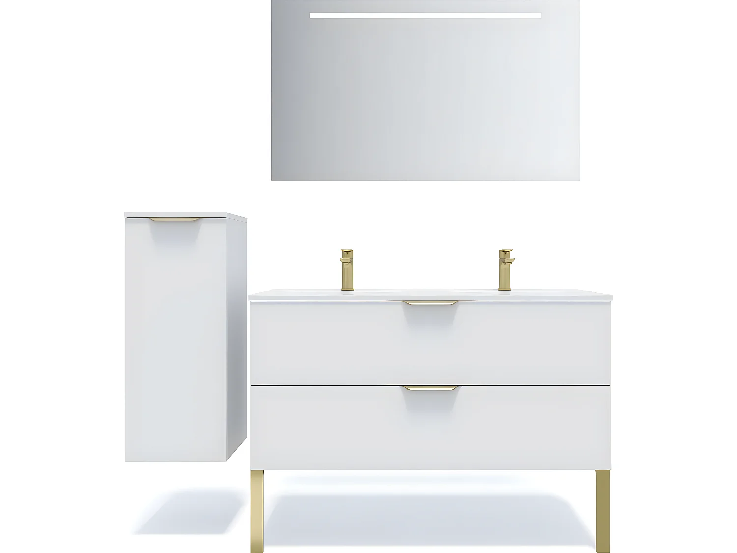 Meuble de salle de bain suspendu double vasque intégrée 120cm 2 tiroirs Blanc + miroir + colonne ouverture gauche - Venice