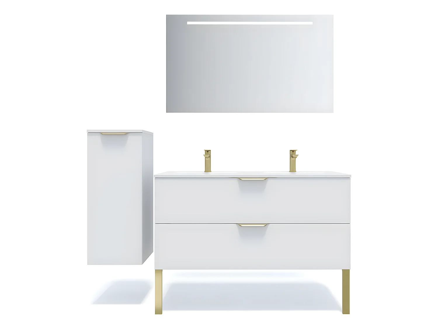 Meuble de salle de bain suspendu double vasque intégrée 120cm 2 tiroirs Blanc + miroir + colonne ouverture gauche - Venice