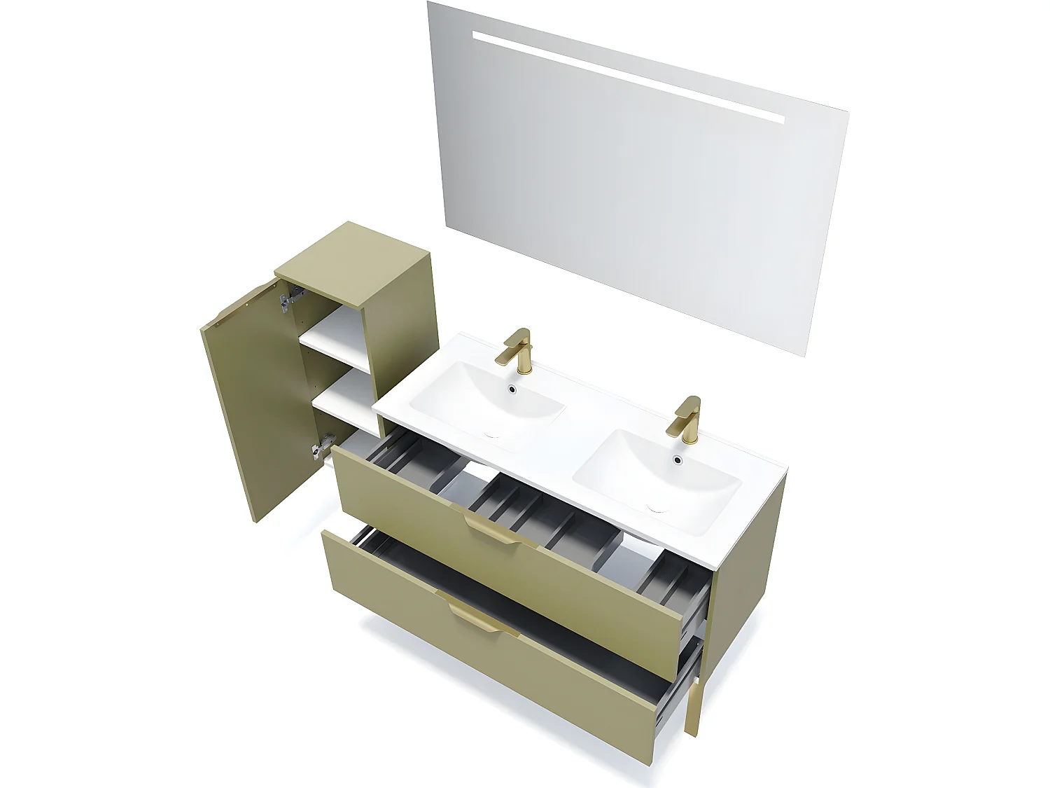 Meuble de salle de bain suspendu double vasque intégrée 120cm 2 tiroirs Vert olive + miroir + colonne ouverture gauche - Venice