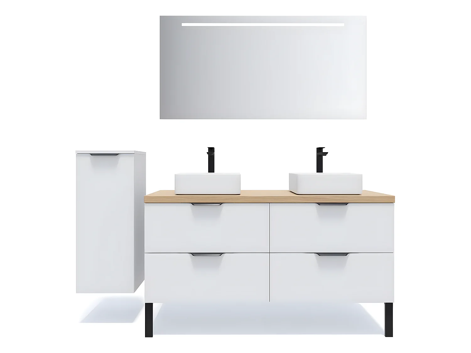 Meuble de salle de bain suspendu 2 vasques à poser 140cm 4 tiroirs Blanc + miroir + colonne ouverture gauche - Soho