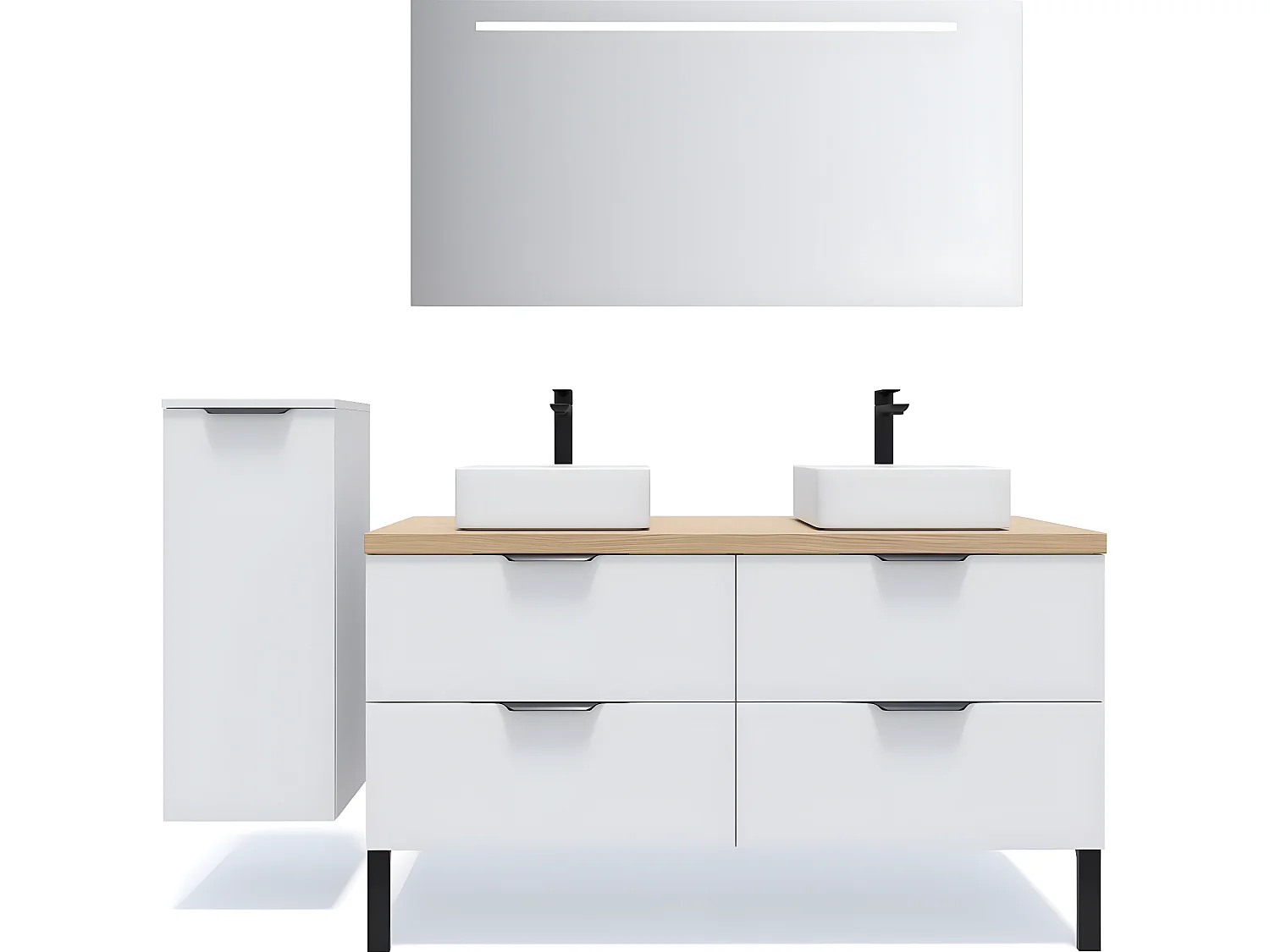 Meuble de salle de bain suspendu 2 vasques à poser 140cm 4 tiroirs Blanc + miroir + colonne ouverture gauche - Soho