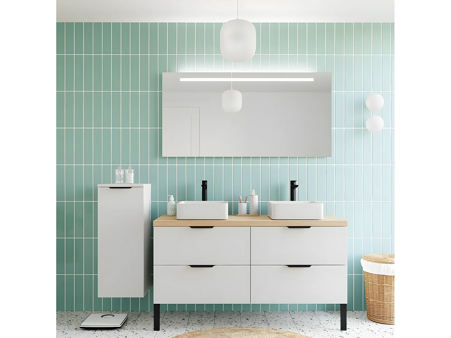 Meuble de salle de bain suspendu 2 vasques à poser 140cm 4 tiroirs Blanc + miroir + colonne ouverture gauche - Soho