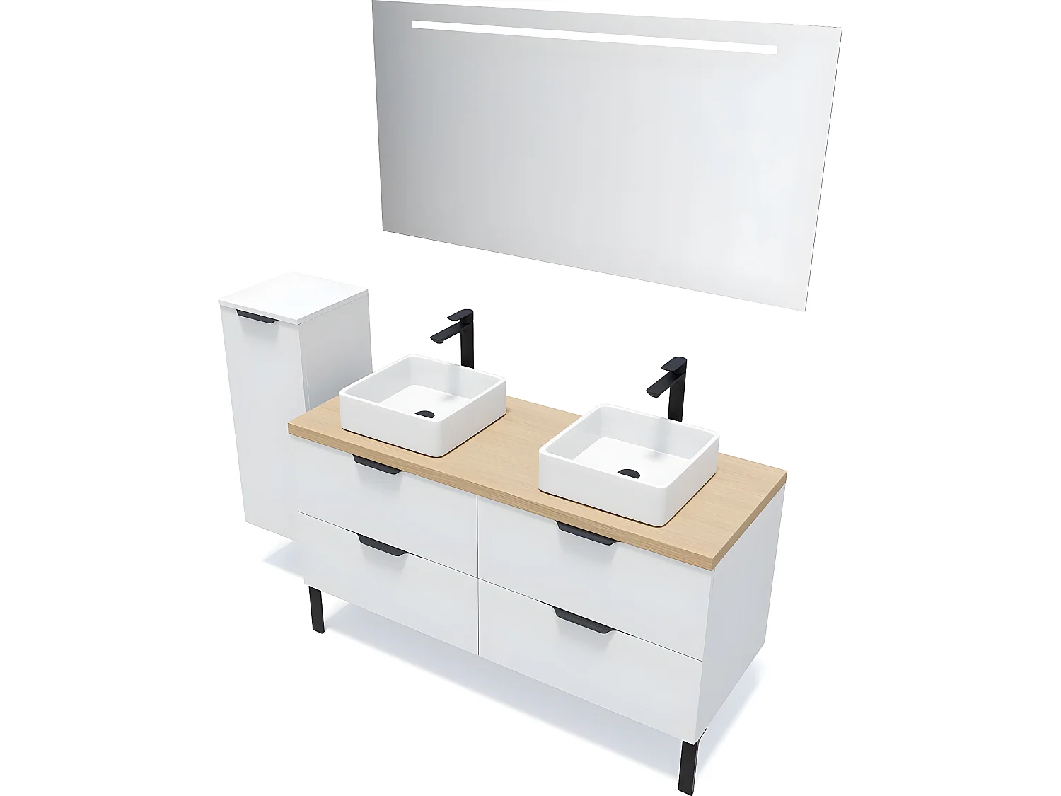 Meuble de salle de bain suspendu 2 vasques à poser 140cm 4 tiroirs Blanc + miroir + colonne ouverture gauche - Soho