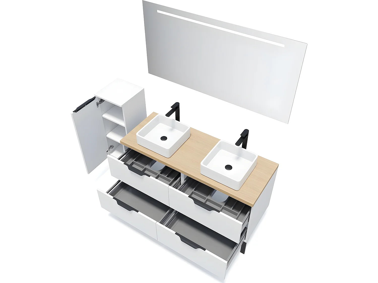 Meuble de salle de bain suspendu 2 vasques à poser 140cm 4 tiroirs Blanc + miroir + colonne ouverture gauche - Soho