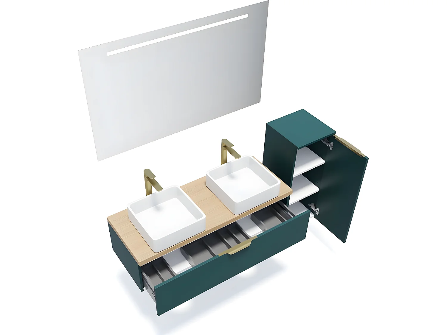 Meuble de salle de bain suspendu 2 vasques à poser 120cm 1 tiroir Bleu + miroir + colonne ouverture droite - Venice