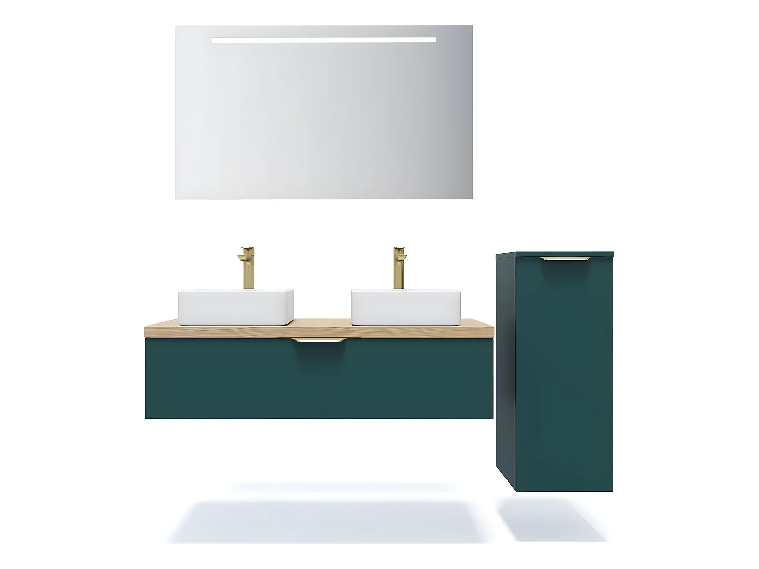 Meuble de salle de bain suspendu 2 vasques à poser 120cm 1 tiroir Bleu + miroir + colonne ouverture droite - Venice