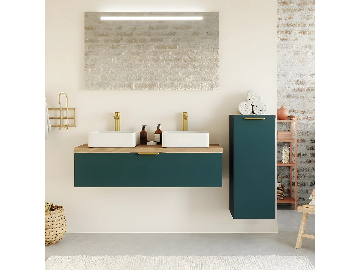 Meuble de salle de bain suspendu 2 vasques à poser 120cm 1 tiroir Bleu + miroir + colonne ouverture droite - Venice