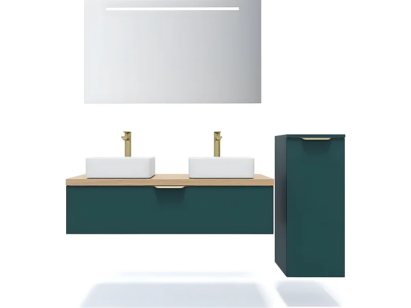 Meuble de salle de bain suspendu 2 vasques à poser 120cm 1 tiroir Bleu + miroir + colonne ouverture droite - Venice