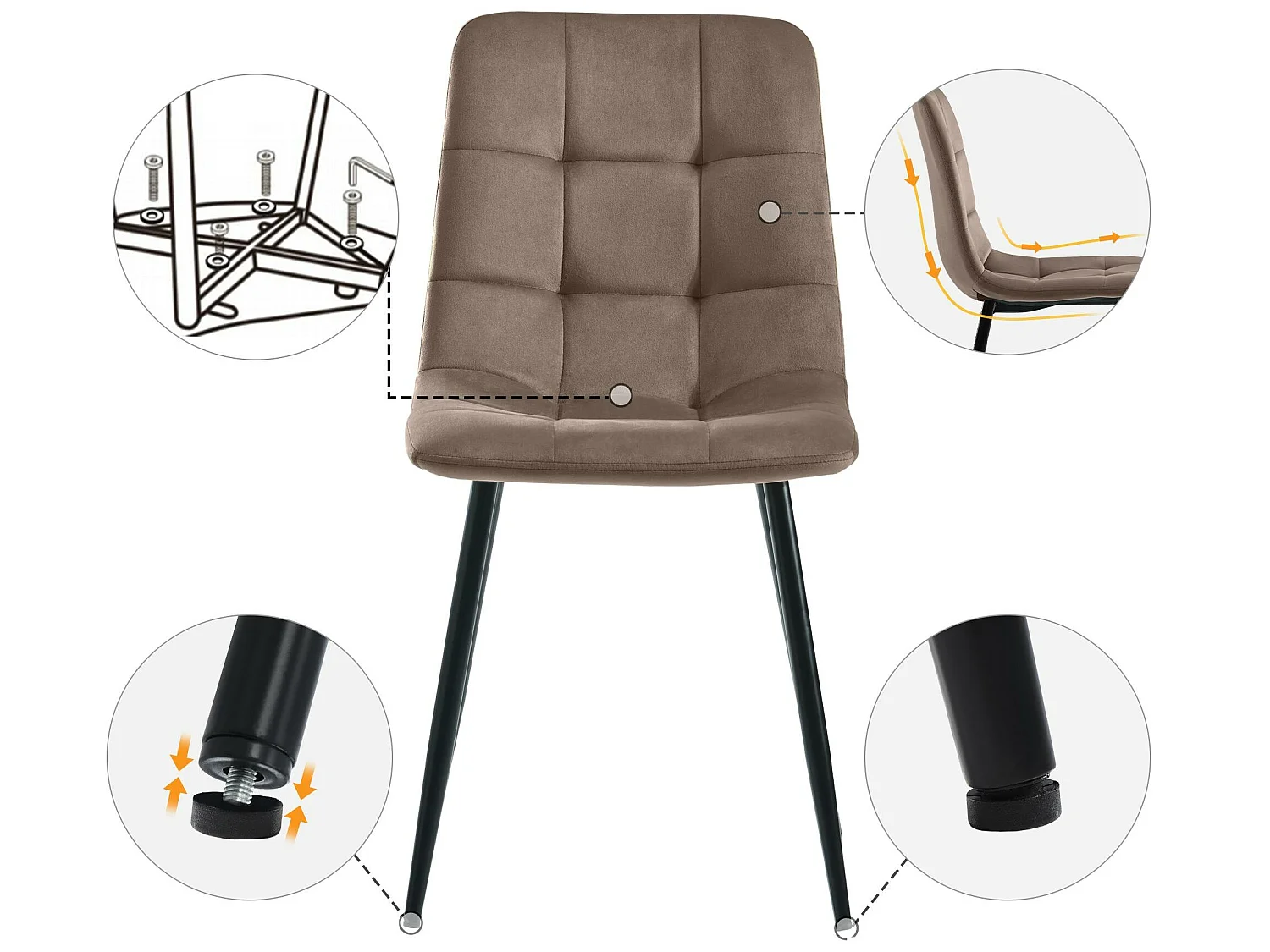 Set van 4 eetkamerstoelen - metalen structuur - stof fluweel - bruin