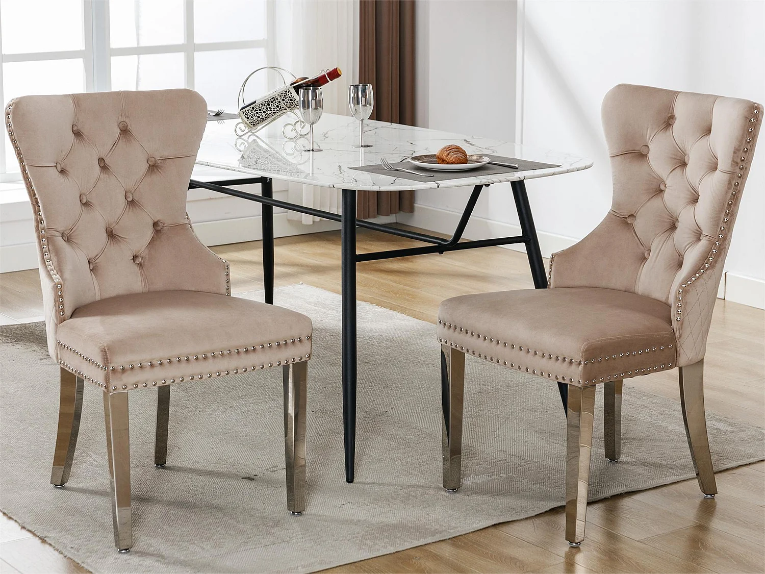 Lot de 2 chaises en velours avec pieds métallique - Beige